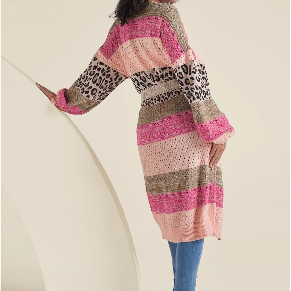 VENUS Pink & Beige Leopard-Accent Knit Cardigan with Belt - Picture 2 of 4
